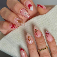 24PCS Christmas Candy Ribbon Snowflake Design, Santa Claus And Reindeer Fake Nails, Short Almond-Shaped Fake Nails Art