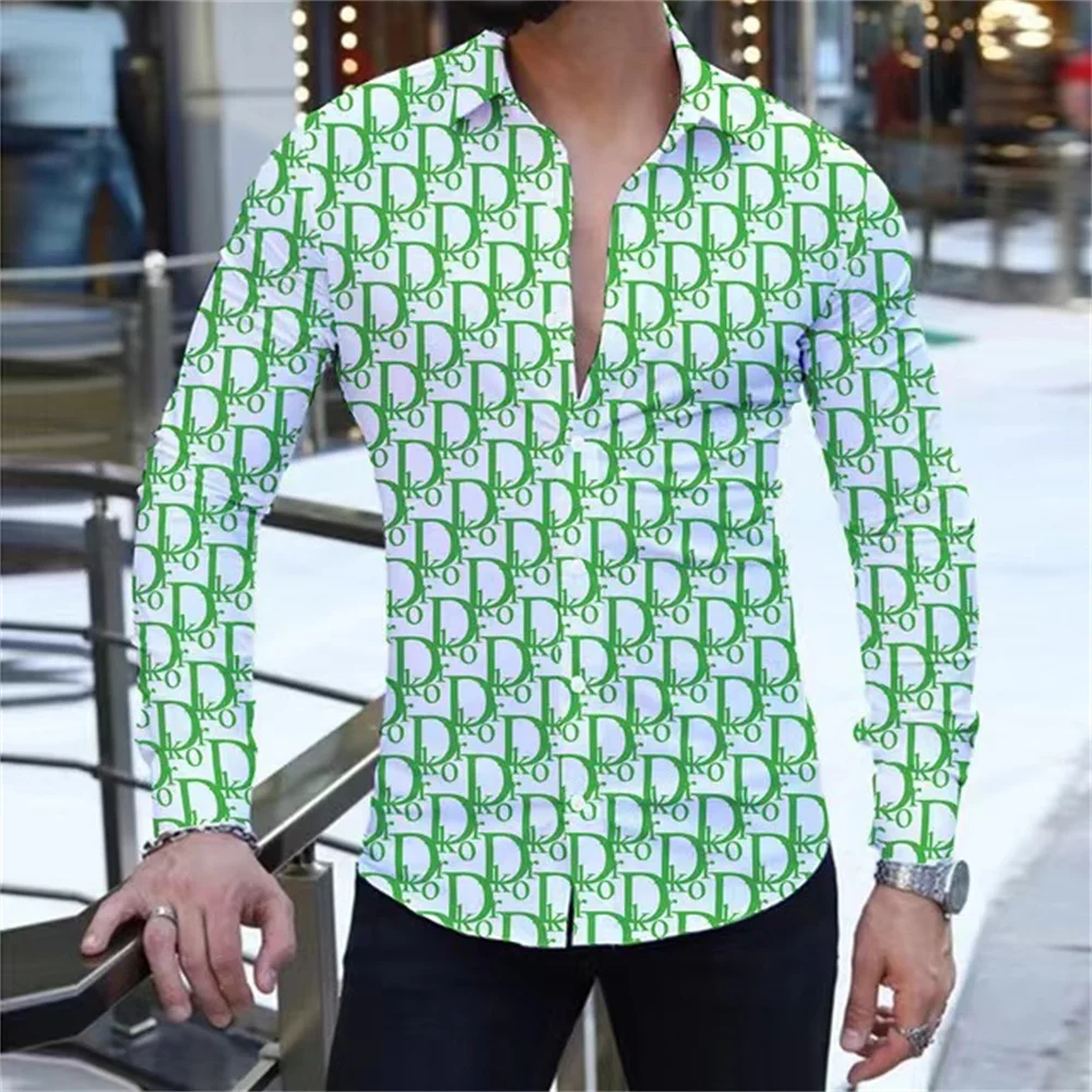 Camisa informal de manga larga para hombre, camisa con estampado 3D de letras, botón de marca, Fiesta en la playa, moda de verano, nueva