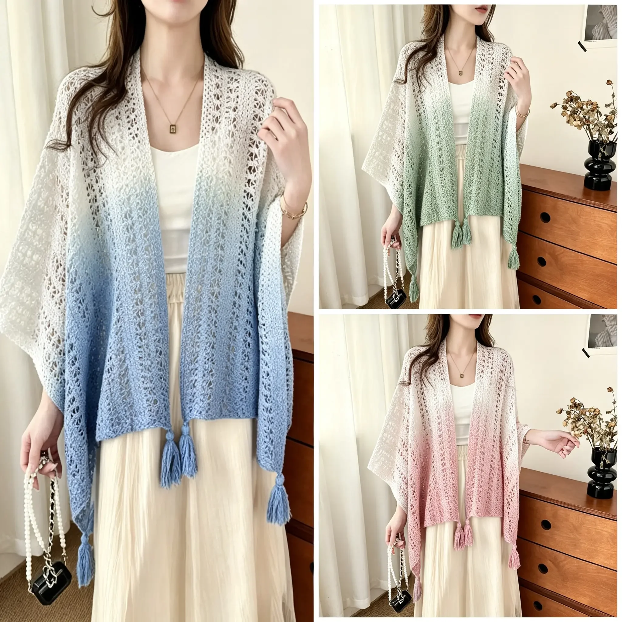 Retro Ethnic Knitted Hollowed Out Cardigan Cardigan, Gradient Shawl Cover Sweater, Women's Luxurious Holiday Beach Coat