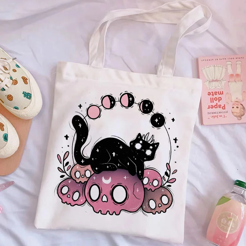 Bolso De Compras reutilizable para mujer, Bolsa De lona con estampado De calavera y gato, De hombro, De dibujos animados