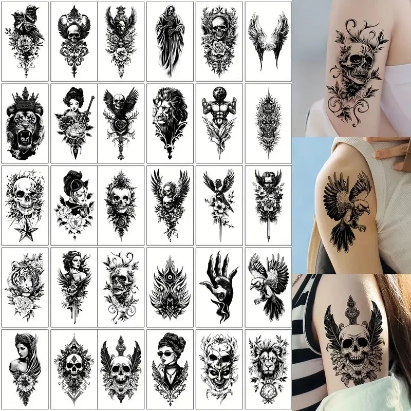 60pcs/lot Waterproof Temporary Tattoo Skull Eagle Centipede Transfer Fake Tattoos for Men Women Adult Party Hand Wrist Arm Neck