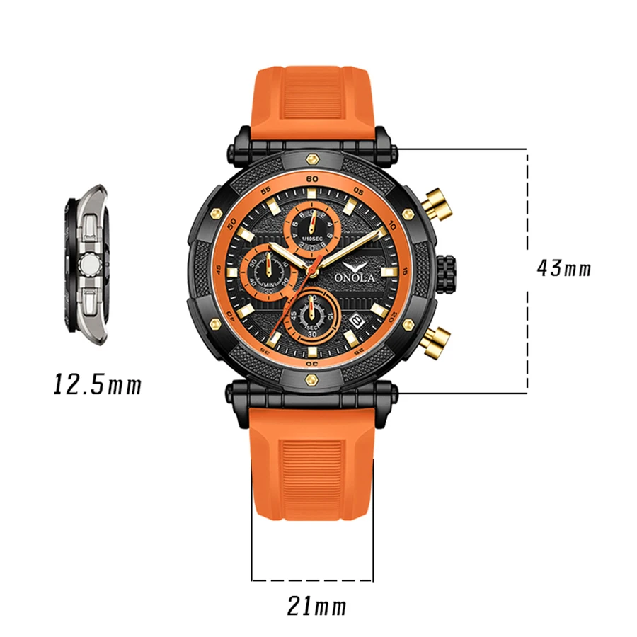 ONOLA Fashion Sports Watch Black Gold Case Orange Silicone Strap Multi functional Calendar Waterproof Outdoor Sports Quartz Watc