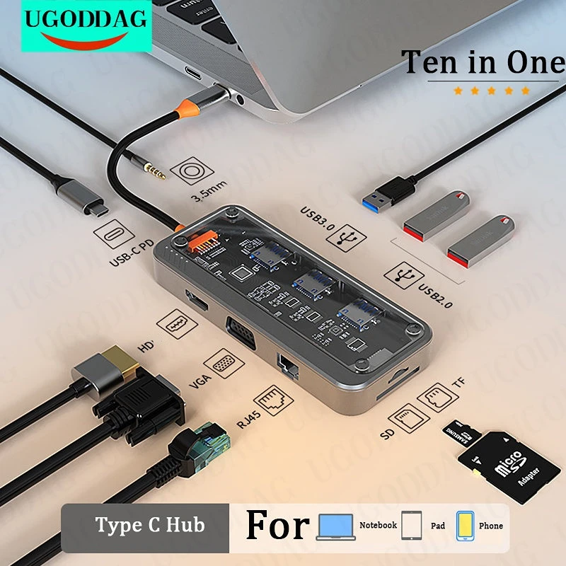 

Док-станция типа C USB 3,0 2,0 10 в 1, для компьютеров и ноутбуков