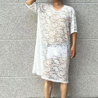 Plus Size Man's Sexy Lace Mesh Sheer Longer Shirts Pajama Party Costumes Private FKK party Show Harajuku