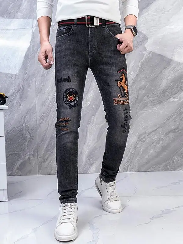 

High-End Embroidered Jeans Men's Spring Autumn Casual Slim Fit Small Leggings Leisure Long Pants Youth Micro Elastic Cotton D...