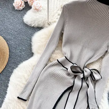 優雅撞色羅紋針織修身長連身裙 女裝 秋冬款 帶腰帶 束腰 街頭風 彈性女士連身裙 6 最佳銷售 羅紋針織連身裙 - №1