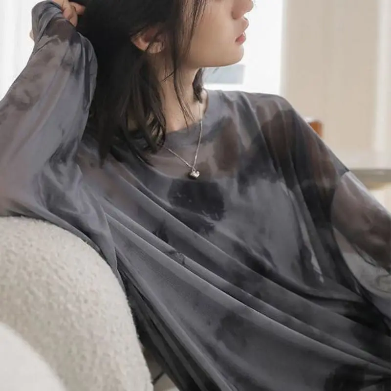 2026 Korean Tie Dye Sheer Mesh Long Sleeve T Shirt Women Loose Fit Trendy Sun Protection Lightweight Layering Top - view 3