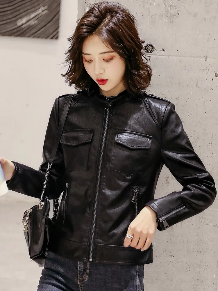 Pink Chic New Women Leather Jacket Spring Autumn Fashion Stand Collar Slim Short Sheepskin Jacket Split Leather Biker Outerwear