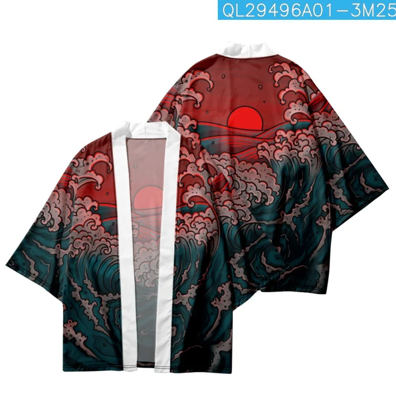 Kostum Samurai Streetwear Haori Asia Yukata Musim Panas Pria Hitam Setan Cetak Kardigan Jaket dan Celana