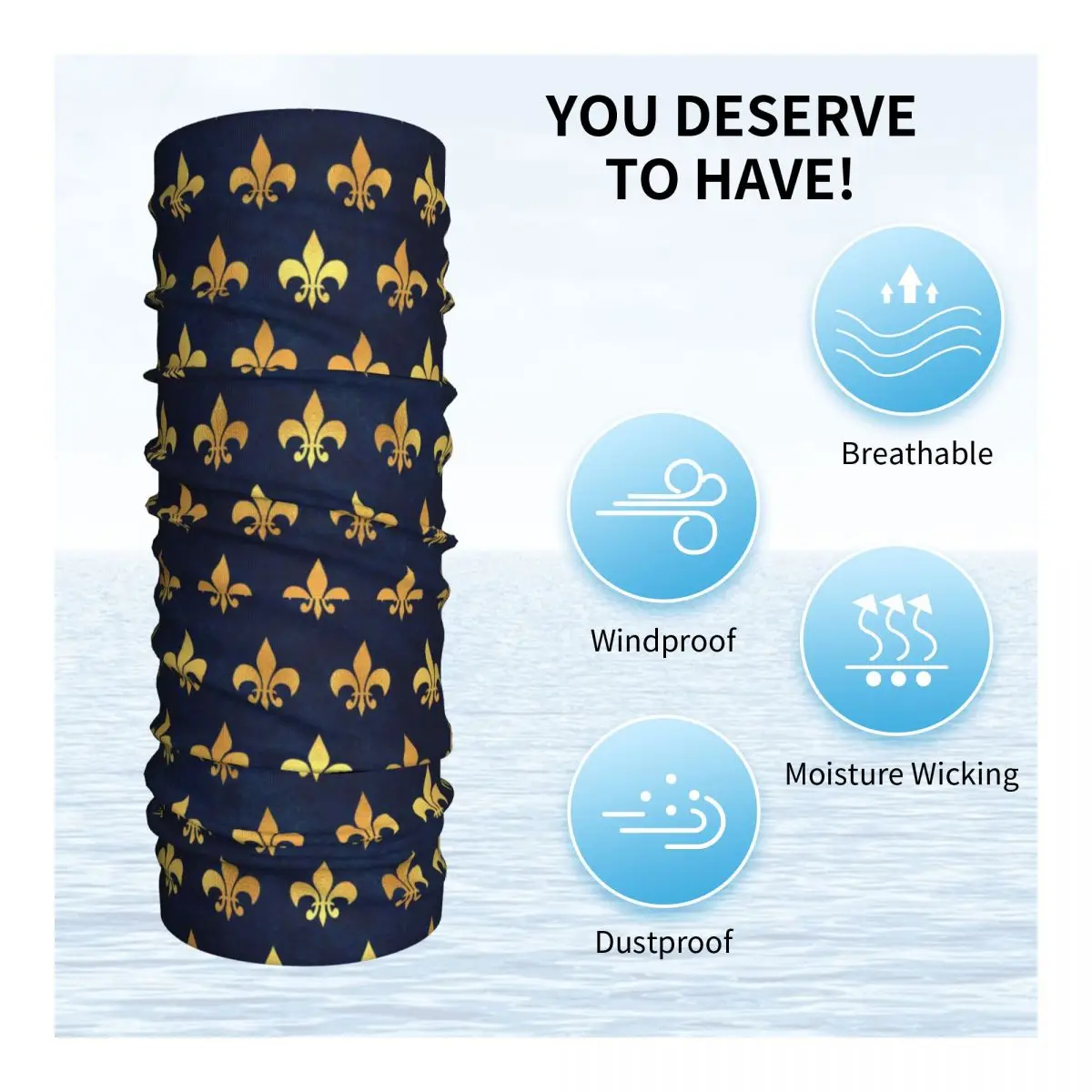 Custom Royal Gold Blue Grunge Fleur De Lis Bandana Neck Warmer Men Women Winter Ski Hiking Scarf Gaiter Lily Flower Face Cover