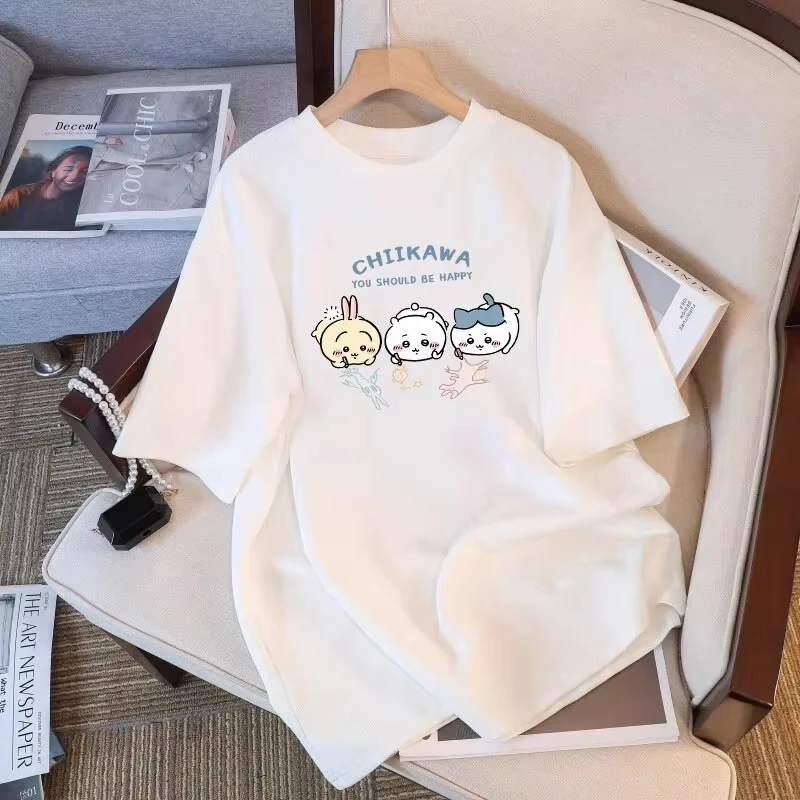 Chiikawa Usagi Hachiware Cute Waiter Graphic T-shirt Unisex Summer Cotton Harajuku Y2K Casual Short Sleeve Fan Top