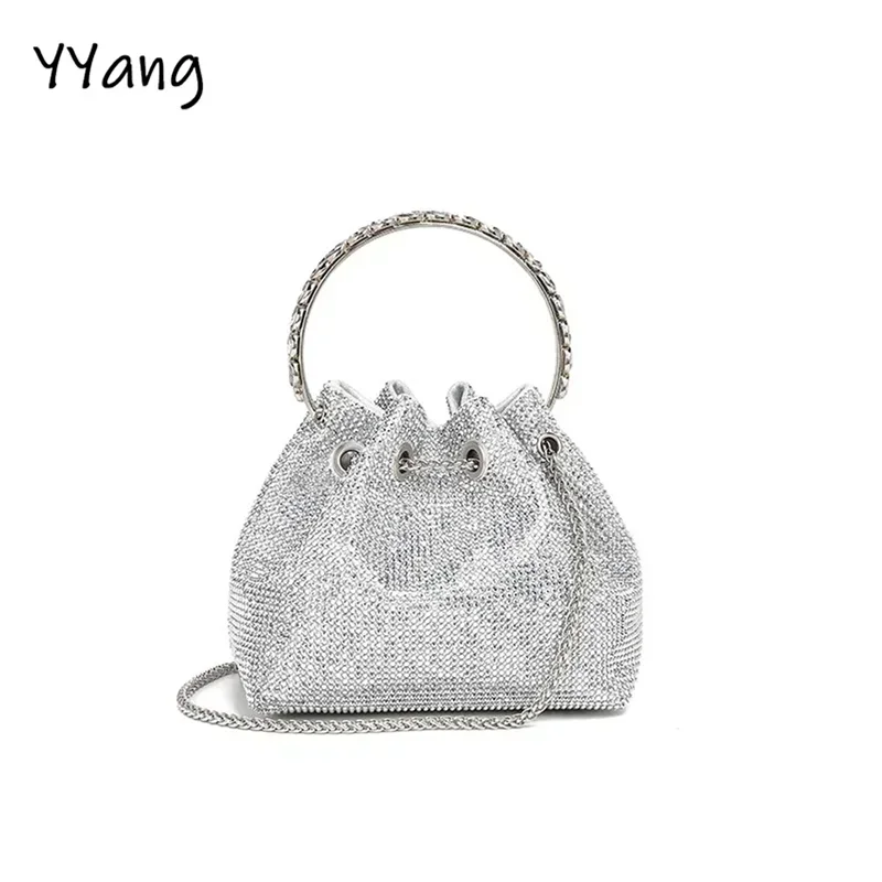 Diamonds Tassel Evening Clutch Bag Women Luxury Designer Chain Metal Ring Handle Shiny Crystal Bucket Purse Bridal Wedding Party