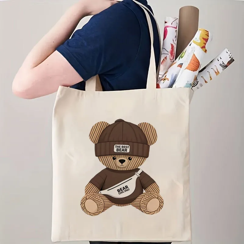 1 Printed Canvas Bag, Cute Brown Teddy Bear Cartoon Animal Unisex Breathable Trucker Driver Portable White Crossbody Bag with Cl