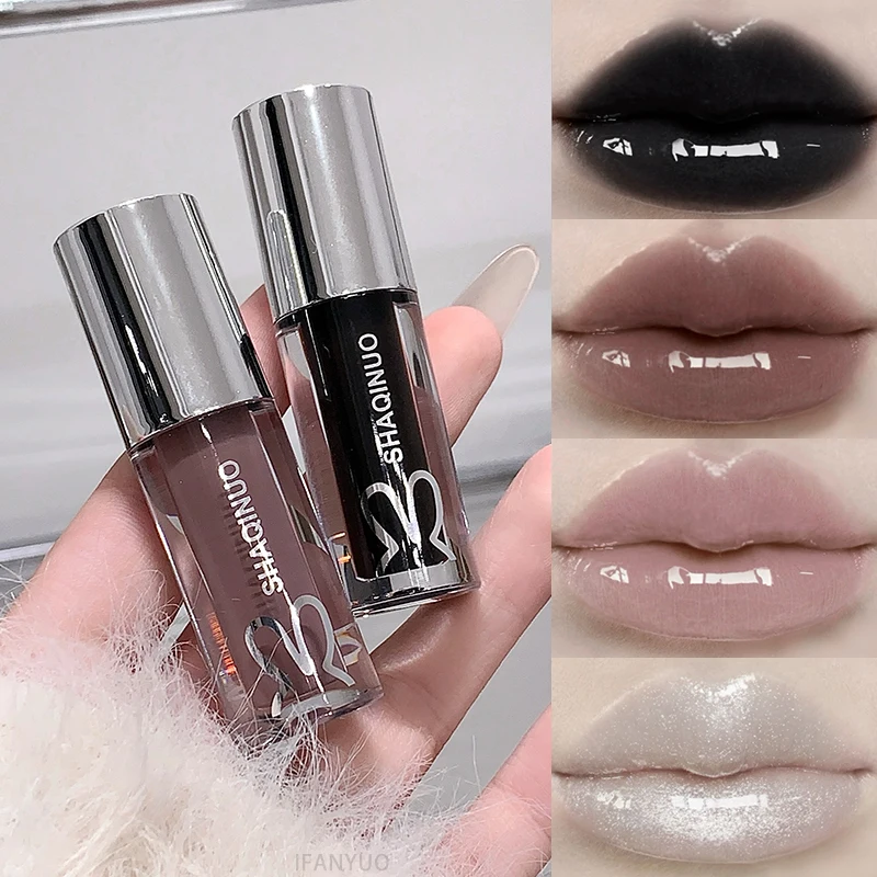 Nude Mirror Lip Gloss Moisturizing Cool Black Silver Gray Pearlescent Fine Sparkling Lipstick Jelly Lip Oil Shine Hydrating