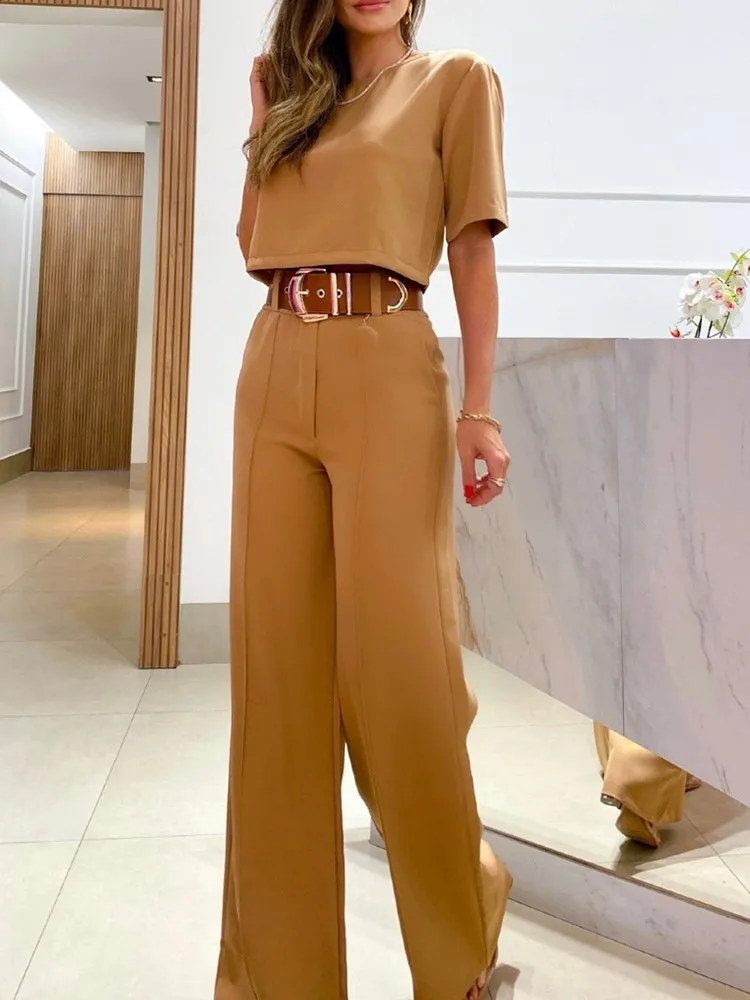 

Summer Fashion Two Piece Sets 2025 Women New Round Neck Solid Color Slim Fit Women's Set Short Sleeve Wide Leg Pants Casual Set