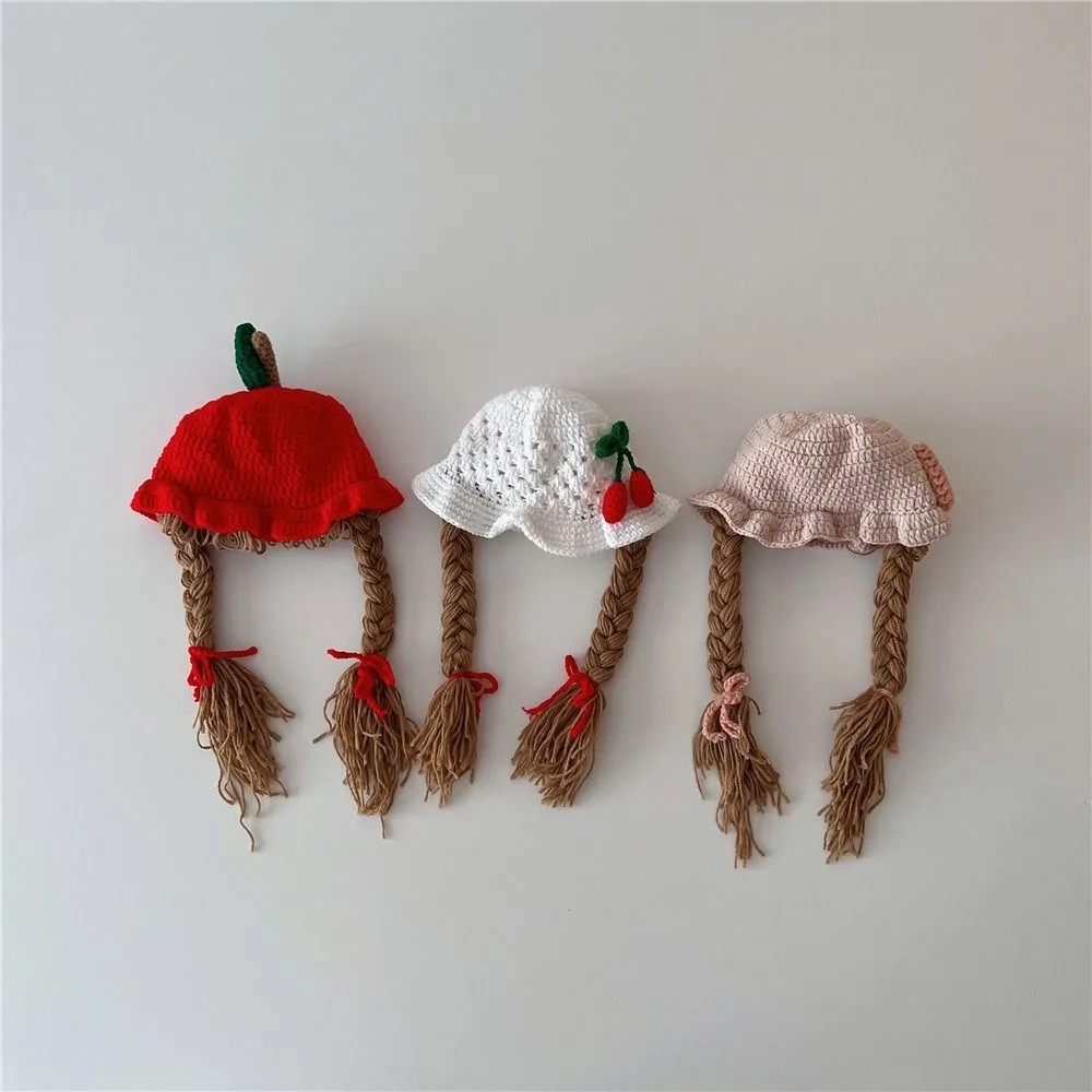 

Cute Cartoon Wig Knitted Hat Bow Wool Baby Beanie Cap Crochet Cherry Kids Warm Hats Girls