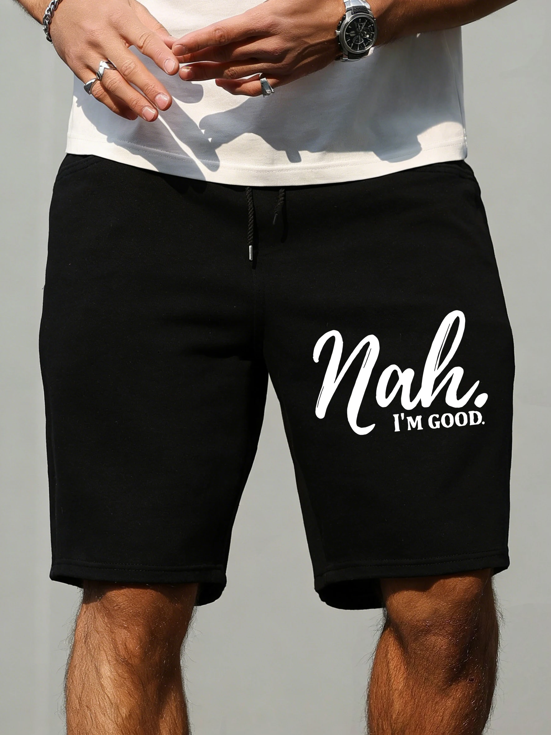 

Nah I'M Good Print Men'S Sports Shorts Pocket Gym Drawstring Pants Elasticity Wide Leg Streetwear Summer Swimming Trunks