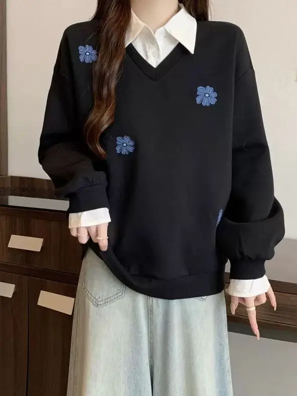 

Женская толстовка больших размеров с вышивкой в виде цветов, скрывающая живот, корейский стиль, с длинным рукавом, повседневная одежда