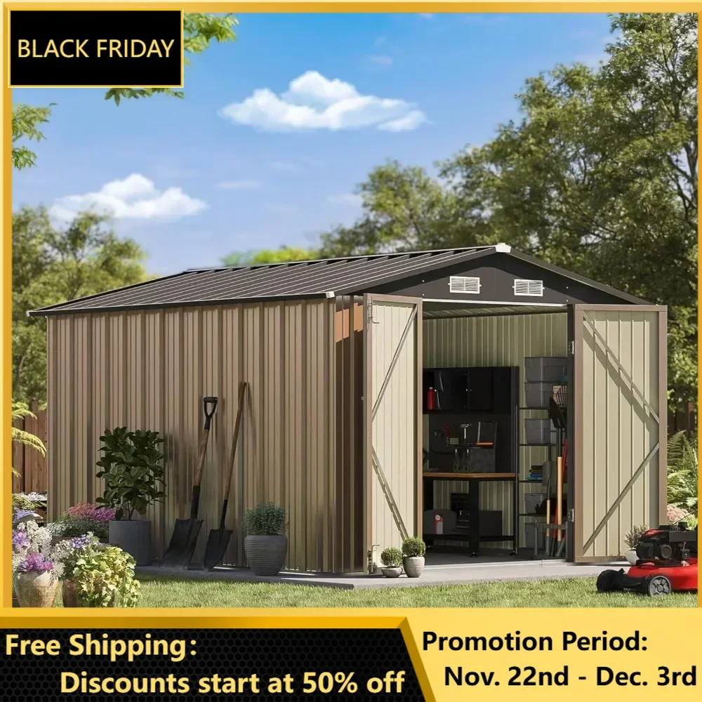 Storage Shed,8x10ft Outdoor Large Garden Tool Metal Shed with Sloping Roof and Double Locking Doors,Outdoor Shed for Patio,Brown