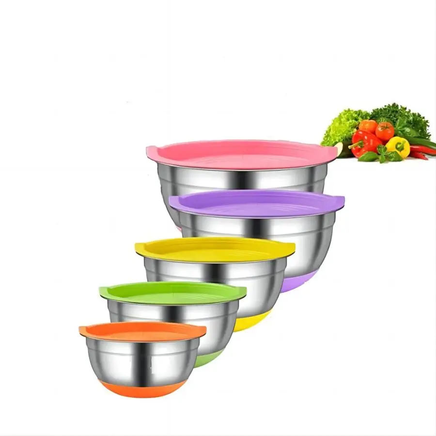 5pcs Mixing Bowls, Stainless Steel Nesting Bowls with Sealed Lids, Non-Slip Bottom, 1.5/2/2.5/3.5/4QT, Suitable for Food Storage