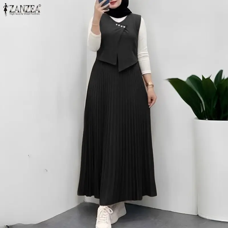 

Muslim Fashion Hijabs Women Maxi Dress Layered Design Color-Blocked Patchwork Pleated Long Dresses ZANZEA Islamic Abaya Robes