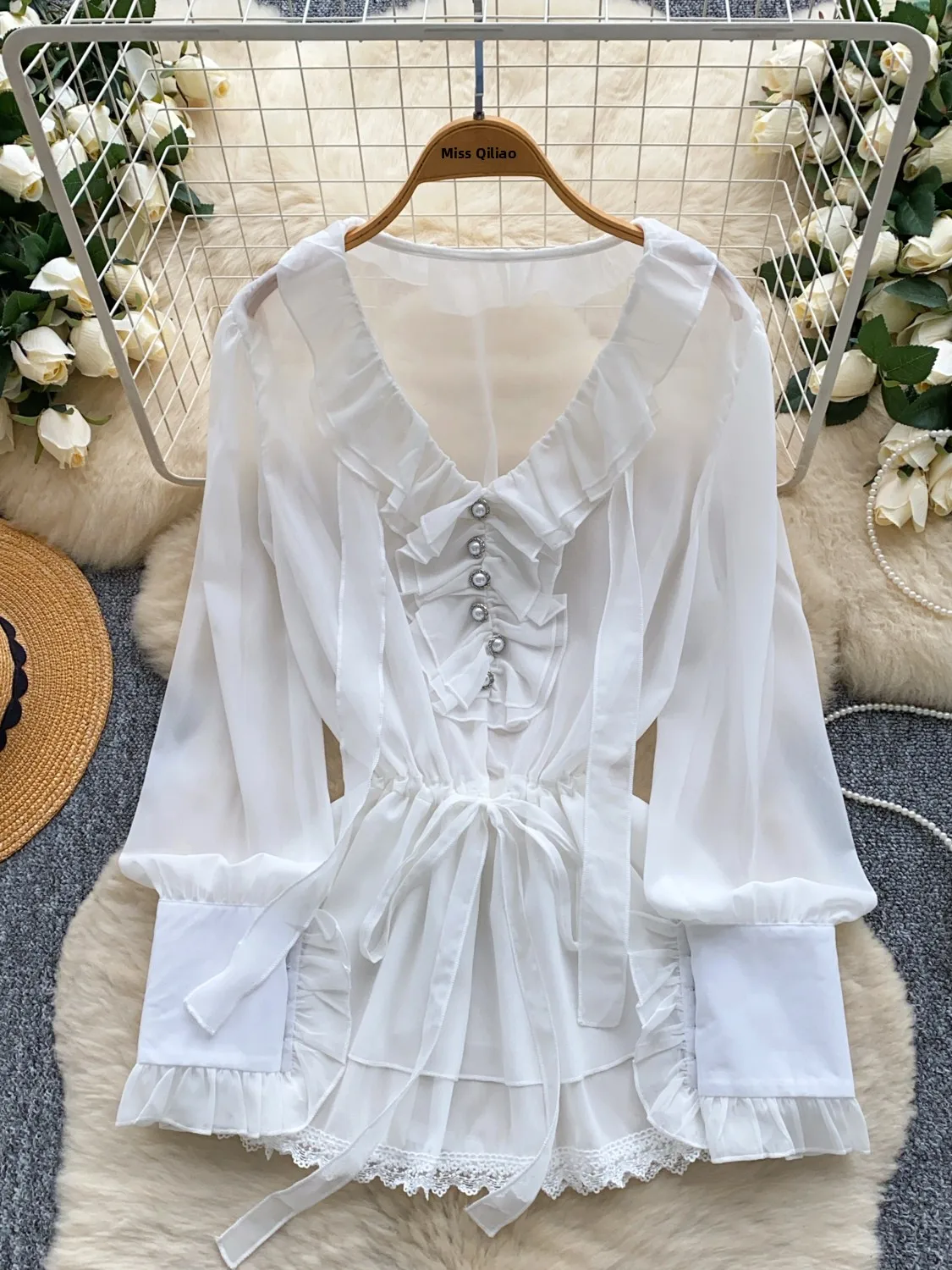 

Court Sle V-Ne Beaded Long Sve irt Women's Thin Chiffon irt Waist Cinched Bell Sve Splicing Autumn Season