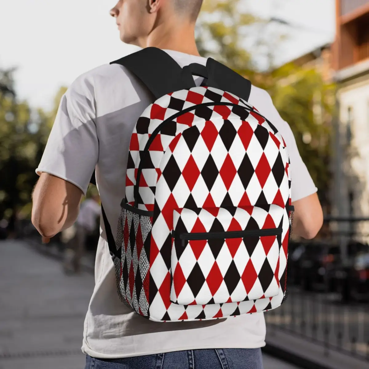 Harlequin Plaid Playing Cards Diamond Backpack Daypack Large Capacity Boys Girls BookBag School Bag Shoulder Bags for Men Women