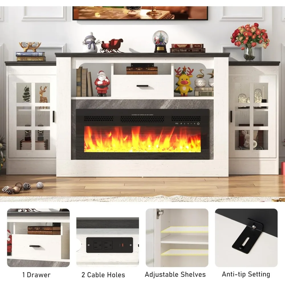 مدفأة كهربائية 75 بوصة مع رف مع منافذ طاقة لتلفزيون 70 بوصة، حامل تلفزيون مدفأة المزرعة الطويلة مع سخان وجهاز تحكم عن بعد، أ