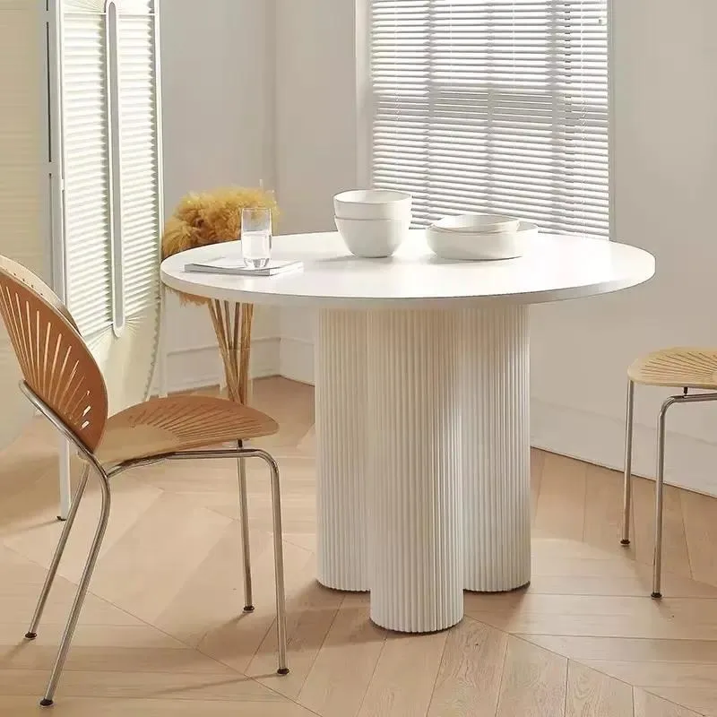 Unique luxury round dining table modern pure white marble Roman column tripod table and chairs wooden