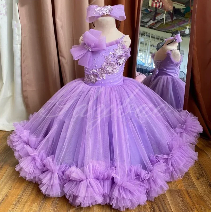 Hot Pink Fluffy Flower Girl Dress For Wedding Puffy Pleated Tulle Kids Birthday Christmas Gowns First Communion Dress