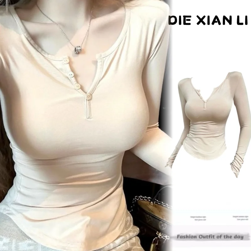 

Solid Color Tops T-Shirts Women's Clothing V-neck Versatile Fashion Comfortable Popularity Simple Long Sleeve Bottoming Comforta