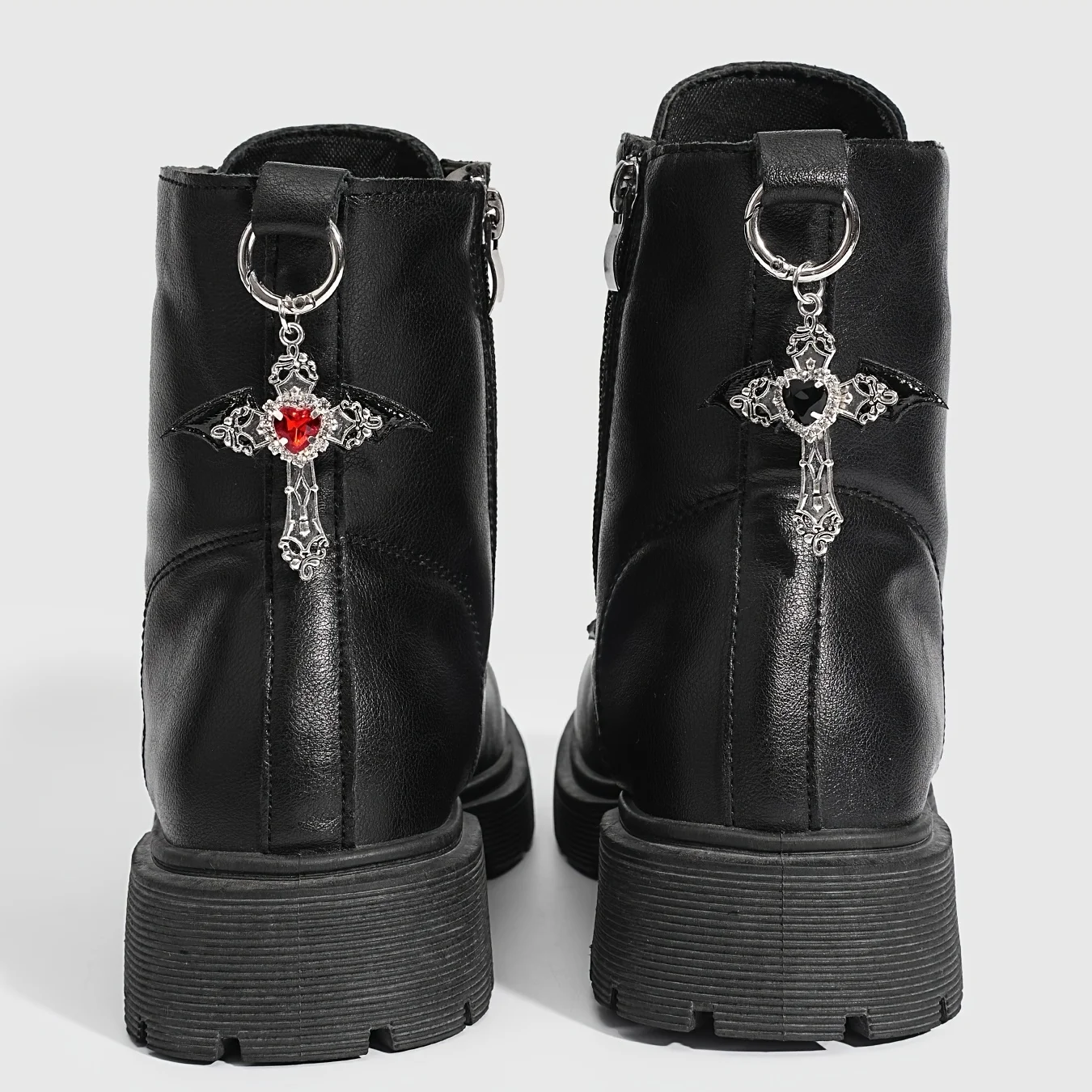 2Pcs Luxury Gothic Winged Heart Red Black Rhinestone Cross Boot Charms for Daily Wear Halloween Party Gift