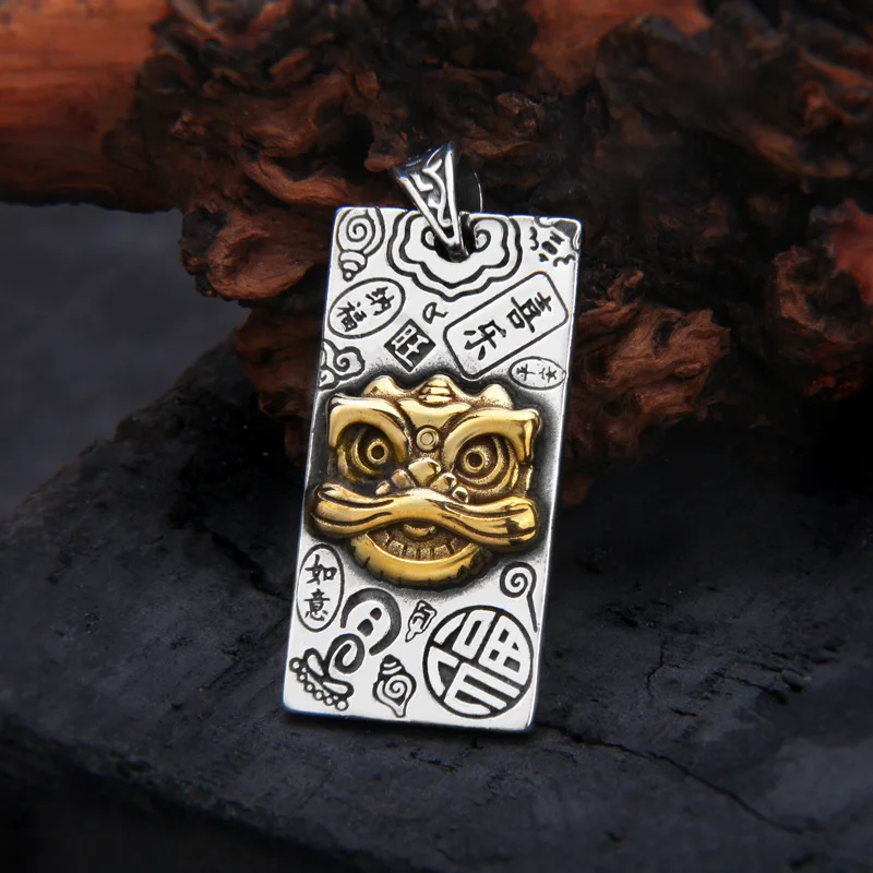 Silver retro vintage, joyful graffiti, lion dance pendant with ethnic style, luxurious and versatile men's and women's jewelry