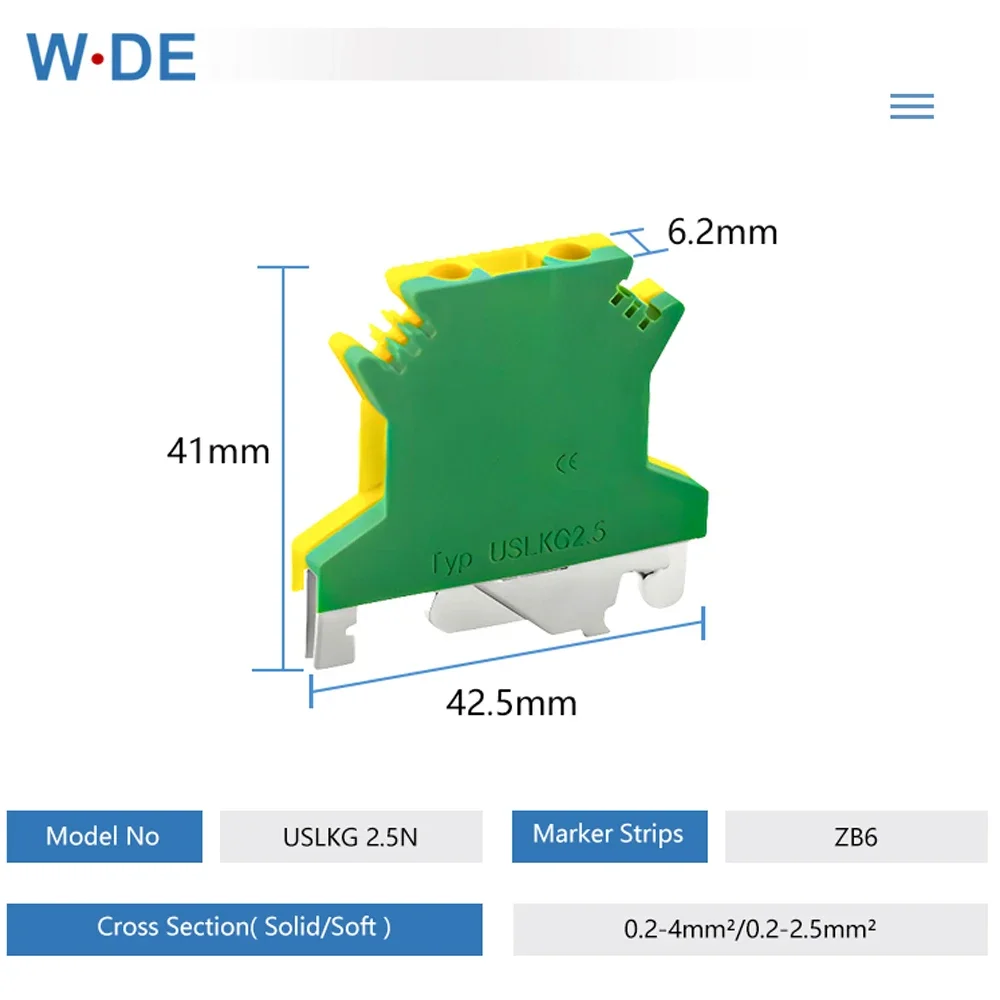 10Pcs USLKG-2.5N PE Din Rail Terminal Blocks Ground Universal Connector Screw Wire Conductor USLKG2.5