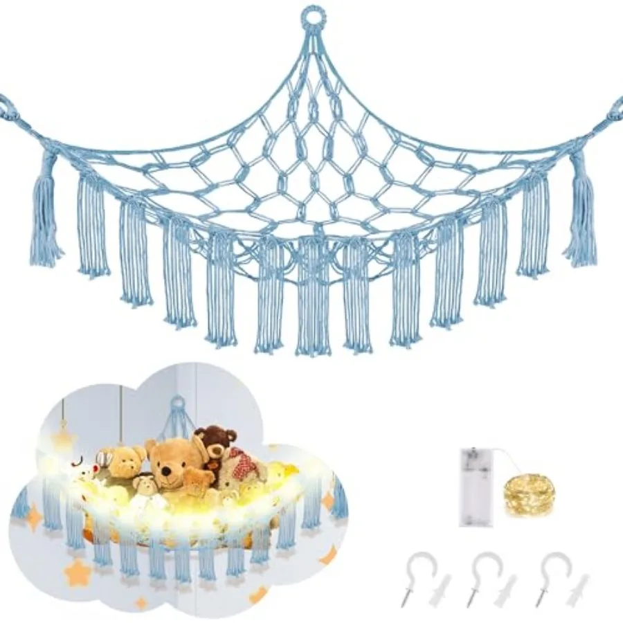 

Stuffed Animal Hammock with LED Light, Large Stuffed Animals Storage Corner Plushie Net for Room Decor, Jumbo
