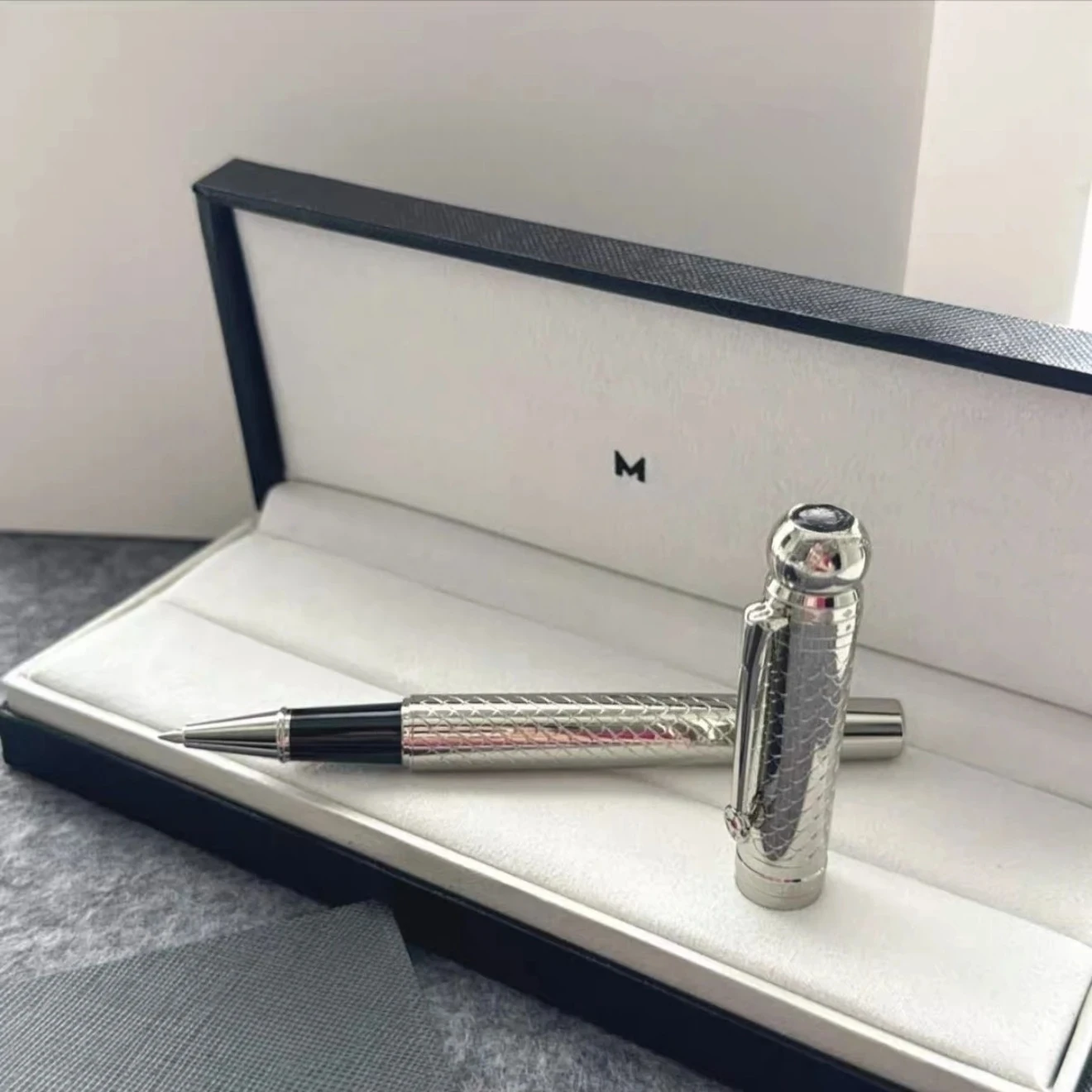 

Luxury MB Ballpoint Pen - Metal Texture Antique silver mirror finish Pen casing (Pen case not included)