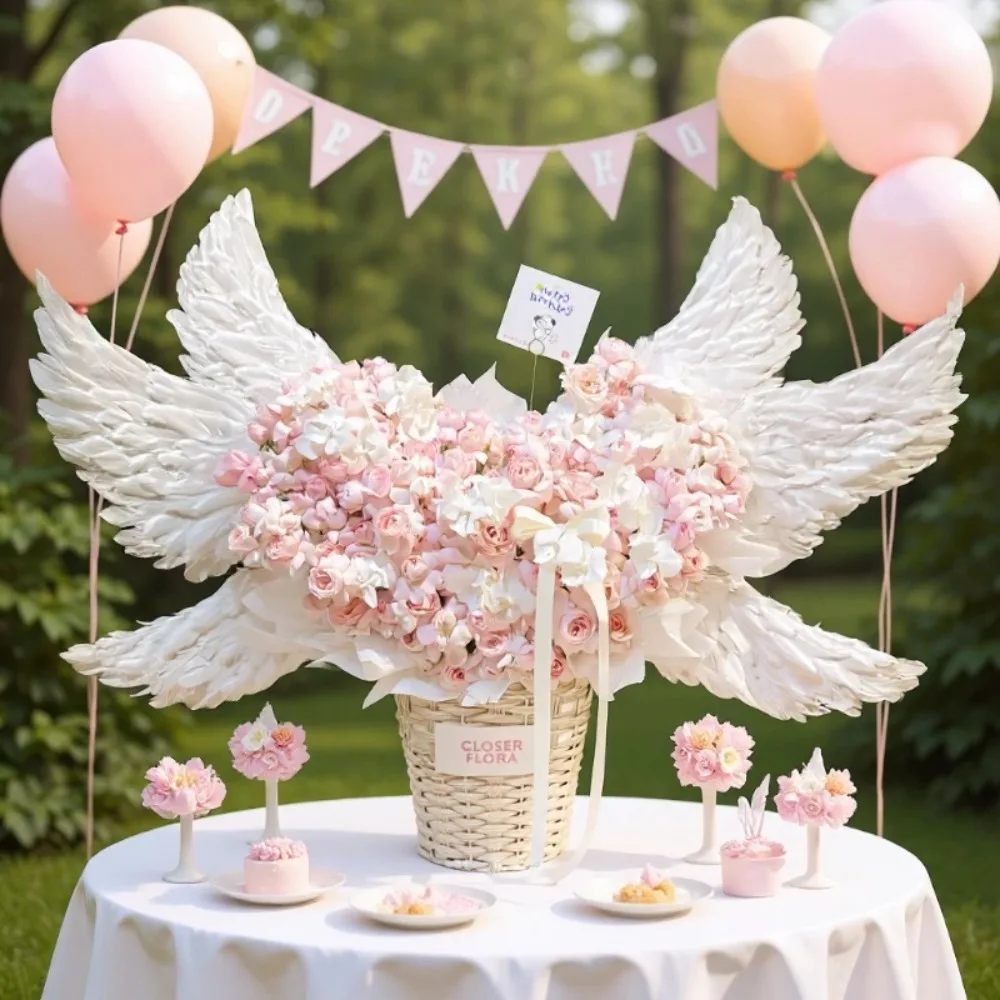 White Angel Wing Electric Opening Device Simulated Electric Openable Wings Bouquet Decor Handcraft Pearl Cotton Wings