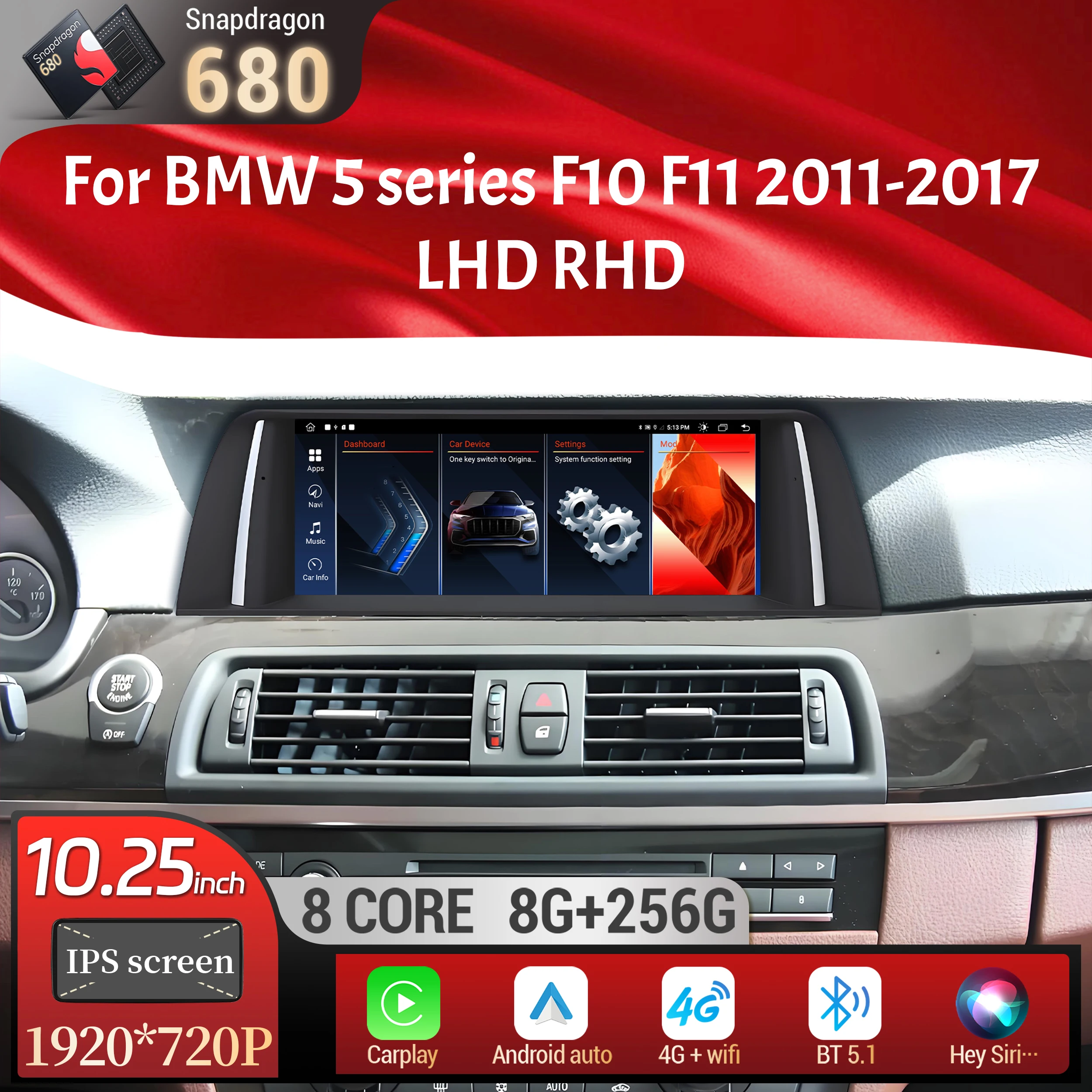 10.25 inch Android 13 For BMW 5 series F10 F11 2011-2017 Car Radio Wireless Bluetooth Carplay Snapdragon 680 Head Unit Screen