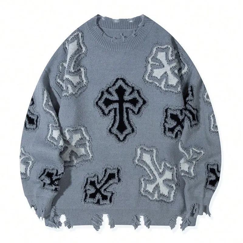 High street American trendy pullover sweater with fringes featuring bold printed characters loose and casual round-neck knitwear