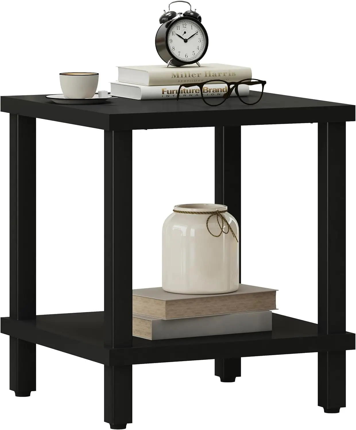 

Modern Square Side Table with 2-Tier Storage Shelf, Black Industrial Coffee Table for Living Room Bedroom