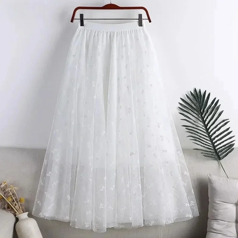 Casual Black Tulle Midi Skirts Women 2026 High Waist Harajuku Falda Sexy Mujer Korean Fashion Clothing Kawaii Mid Length Skirt