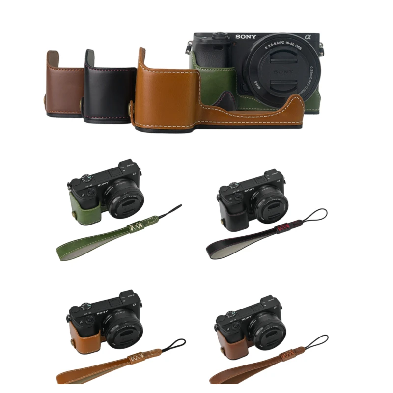 Oil Skin Hand Strap Bottom Cover PU Leather Camera Half Body Case For Sony A6400 A6300 A6000 A6100 Battery Opening