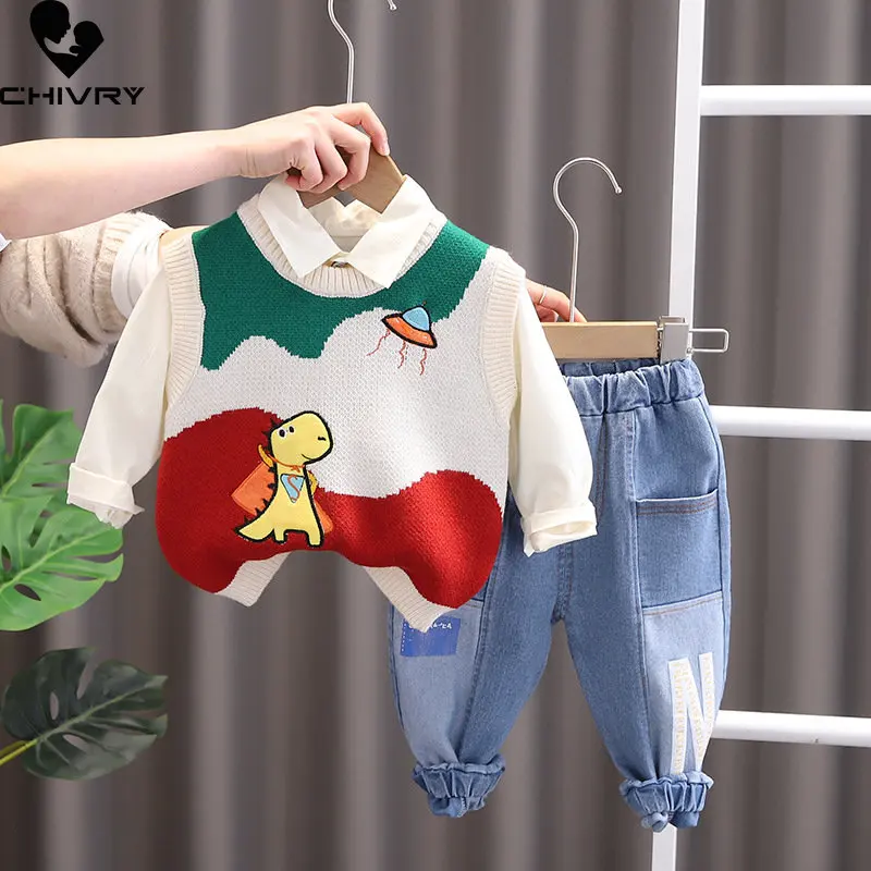 ثلاث قطع الفتيان الملابس مجموعات جديد 2023 الاطفال الطفل الربيع الكرتون ديناصور متماسكة سترة الصلبة القمصان مع الدنيم السراويل ملابس غير رسمية