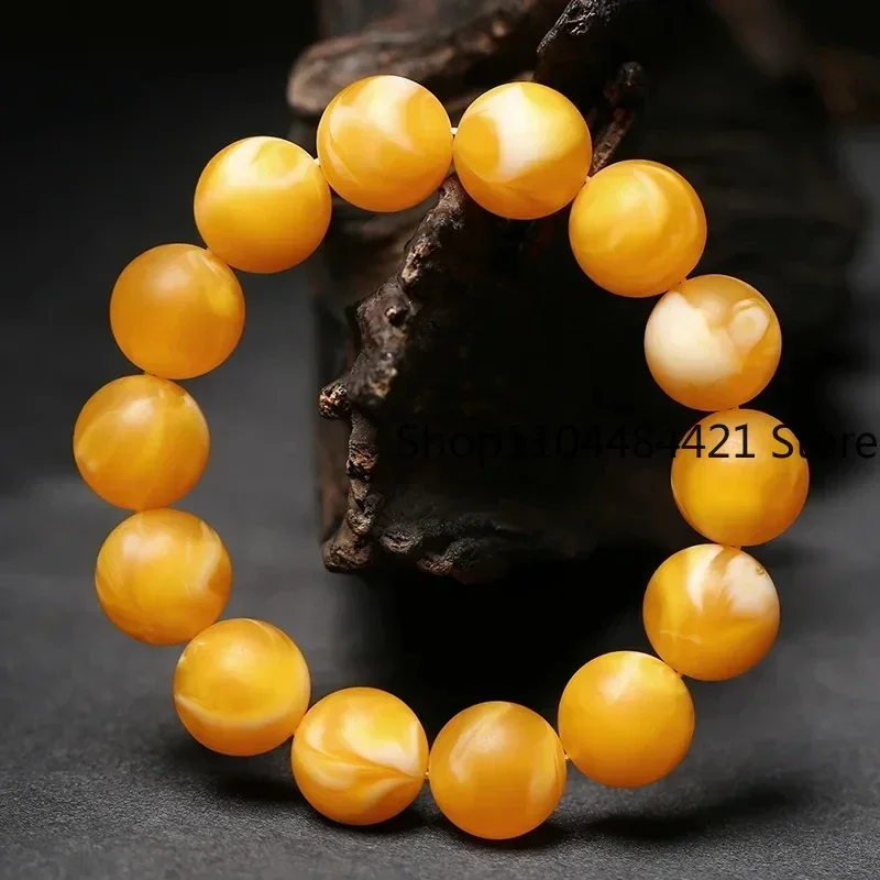 Selected Old Beeswax Chicken Oil Yellow Floating White Flower Bracelet Amber Beeswax Beads Bracelets for Men Women Beads Beeswax