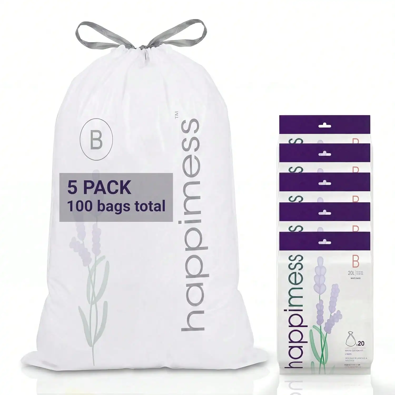 Happimess 5.3 Gallon (20L) Drawstring Trash Bags, Lavender Scent, White, Heavy Duty MDPE Liners For Kitchen And Household, Odor Control, Custom Fit 100 Count (5 Packs Of 20 Liners) HPM3101B-W-5SET