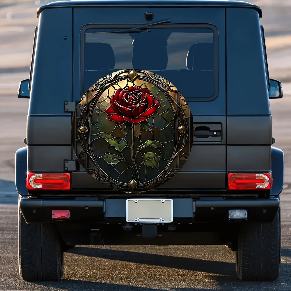 Stained Glass Rose Spare Tire Cover Durable Polyester Waterproof SUV Truck Wheel Protector