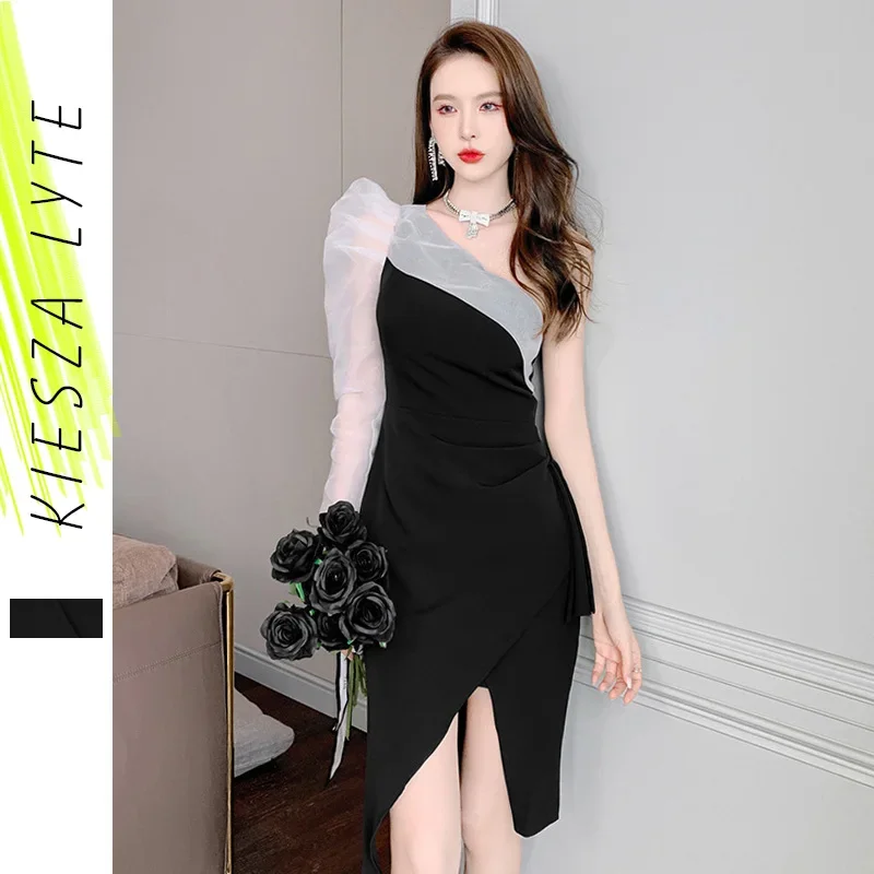 

Women Dress 2024 Spring Irregular One-shoulder Strapless Dress Drape Design Party Office Ladies High Waist Black Dresses