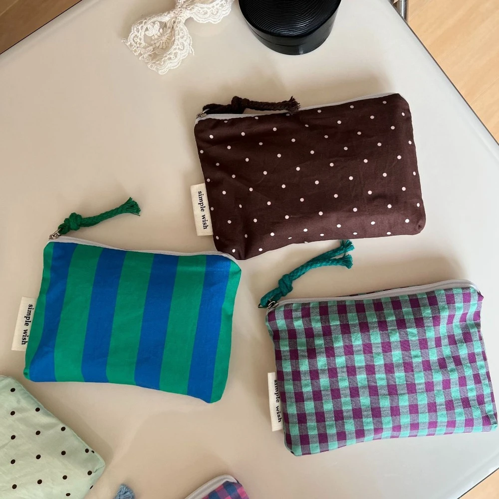Retro Fashion Plaid Striped Cotton Makeup Bag Portable Women Cosmetic Organizer Cute Mini Lipstick Storage Coin Purse