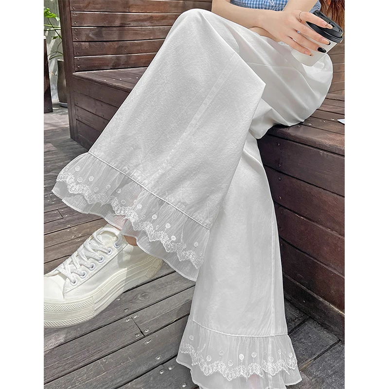 

White Wide Leg Pants Women Fashion Streetwear Lace Patchwork Baggy Pants Summer Korean High Waist Casual Straight Trousers New