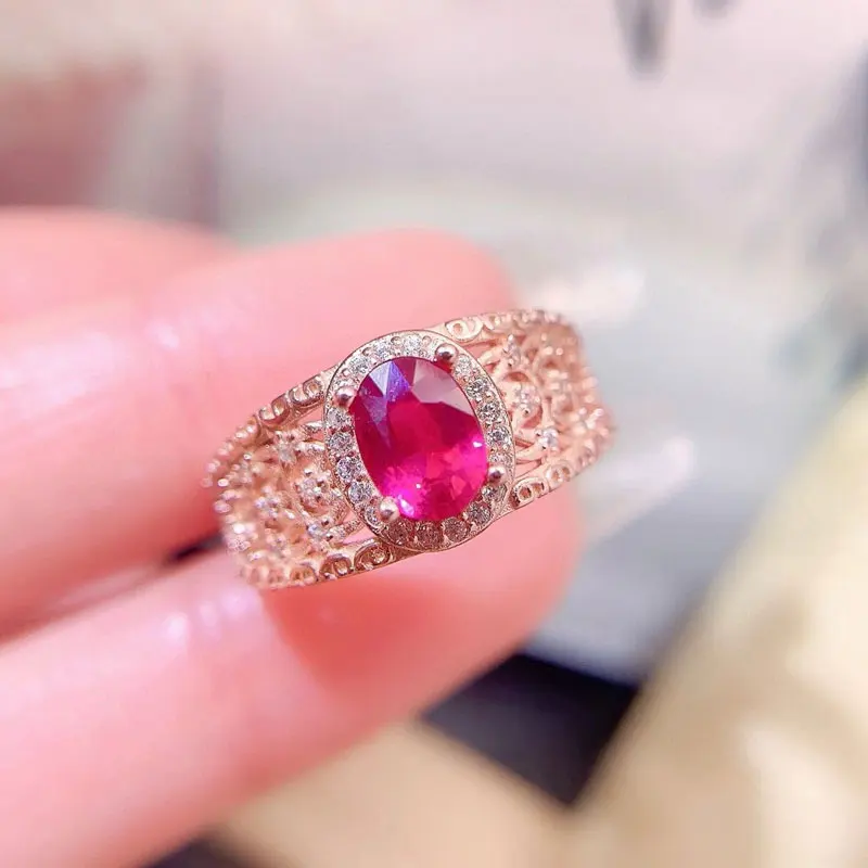 

Vintage 925 Silver Band Ring for Woman 5mm*7mm Heated Natural Ruby Ring with 3layers Gold Plated Keep Shining